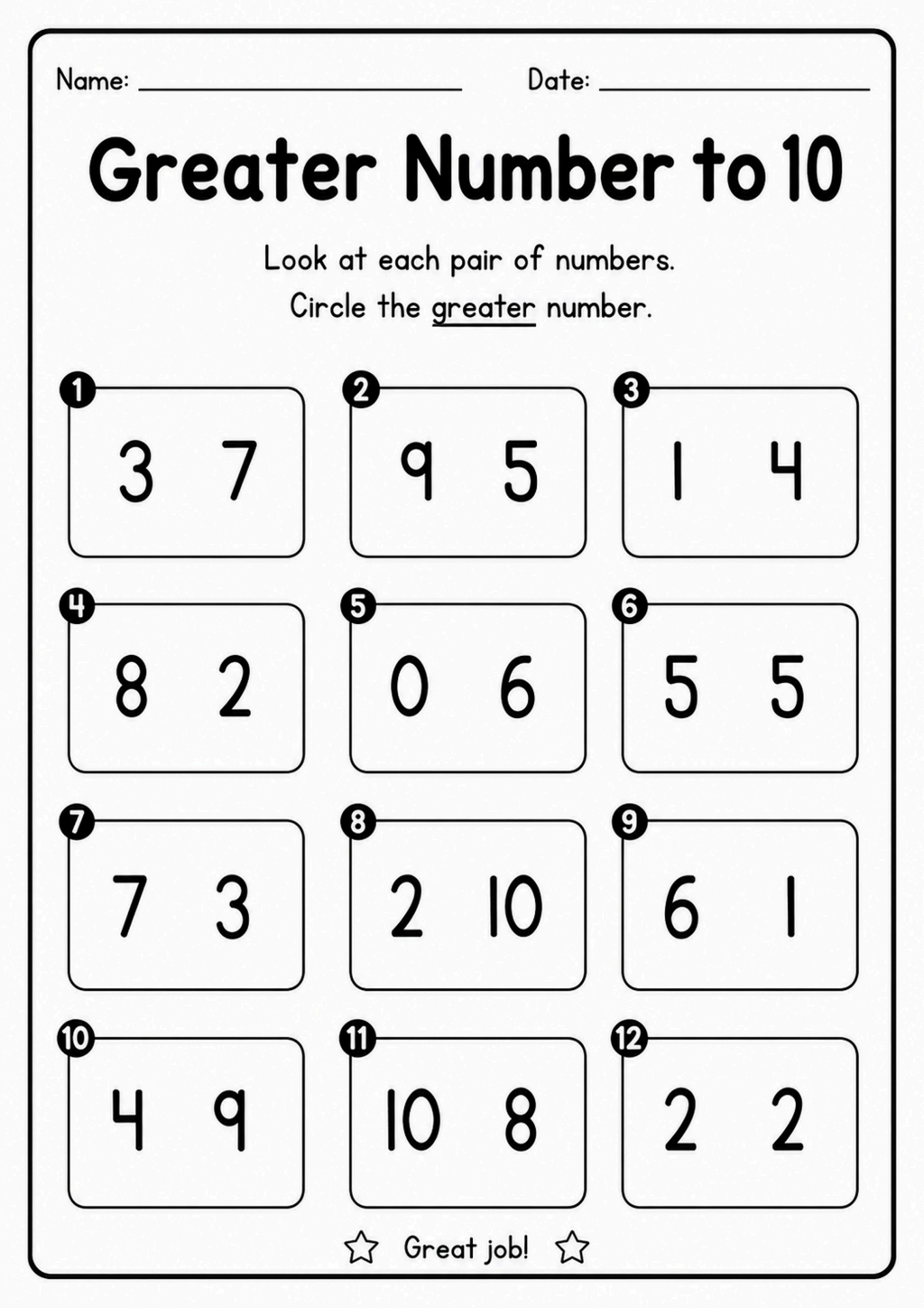 Greater Number to 10 Worksheet