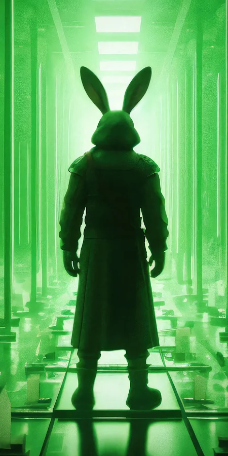 Rabbit, Surreal, Green, Hallway, Future 4K Phone Wallpaper