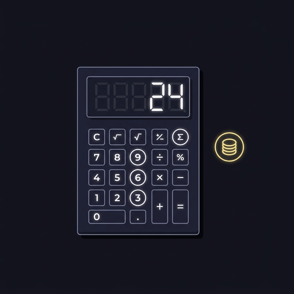 Minimal 2D vector UI mockup of a trifecta calculator showing a seven segment style display for 24 combinations and a coin badge representing twelve dollars on a dark Funded Plays brand background