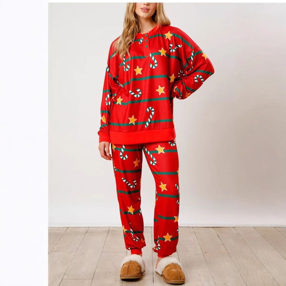 Women's loungewear, long-sleeved, with button placket and print
