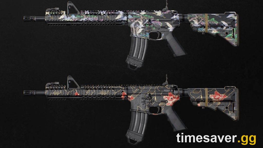 Black Ops 7 Moonlit Pearl camo (top) and Gilded Ruin camo (bottom) — the two finishes in the Gilded Pearl Camo Pack
