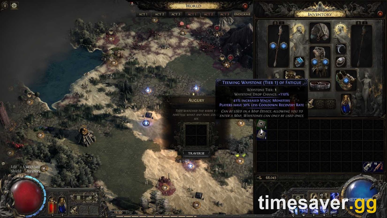 PoE2 Atlas map with a Waystone item tooltip — running maps is the base of early currency farming