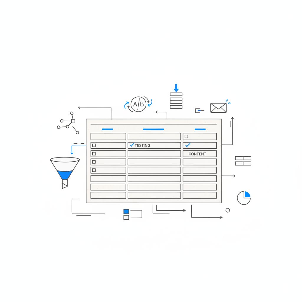 Minimalist vector planner page of a 90-day roadmap with horizontal week bands, testing, content and email icons, and a small funnel diagram, styled for Google Ads.