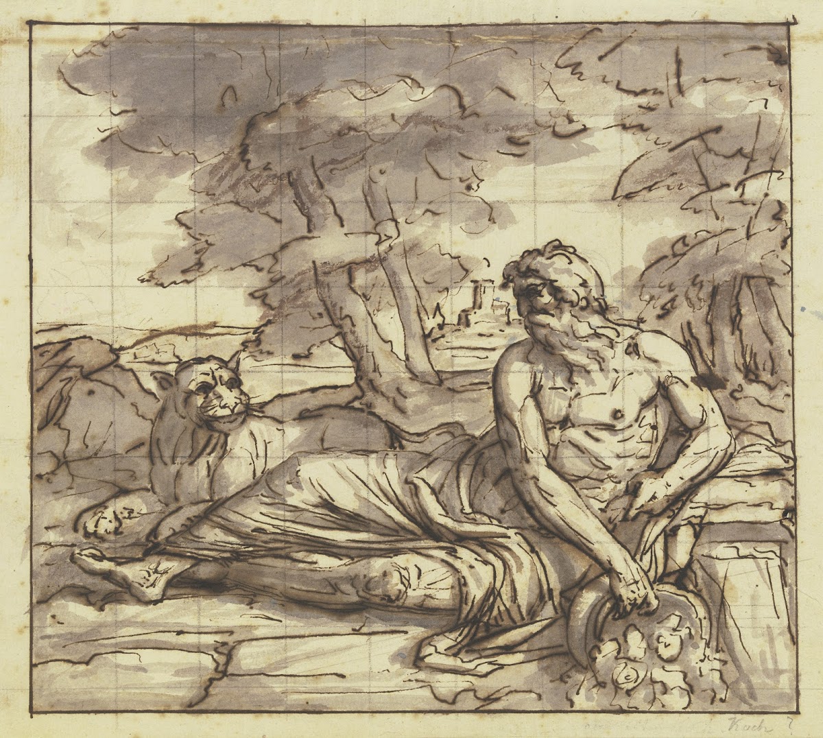 Flußgott Tiber mit Löwin an der Quelle ruhend ca 1805
