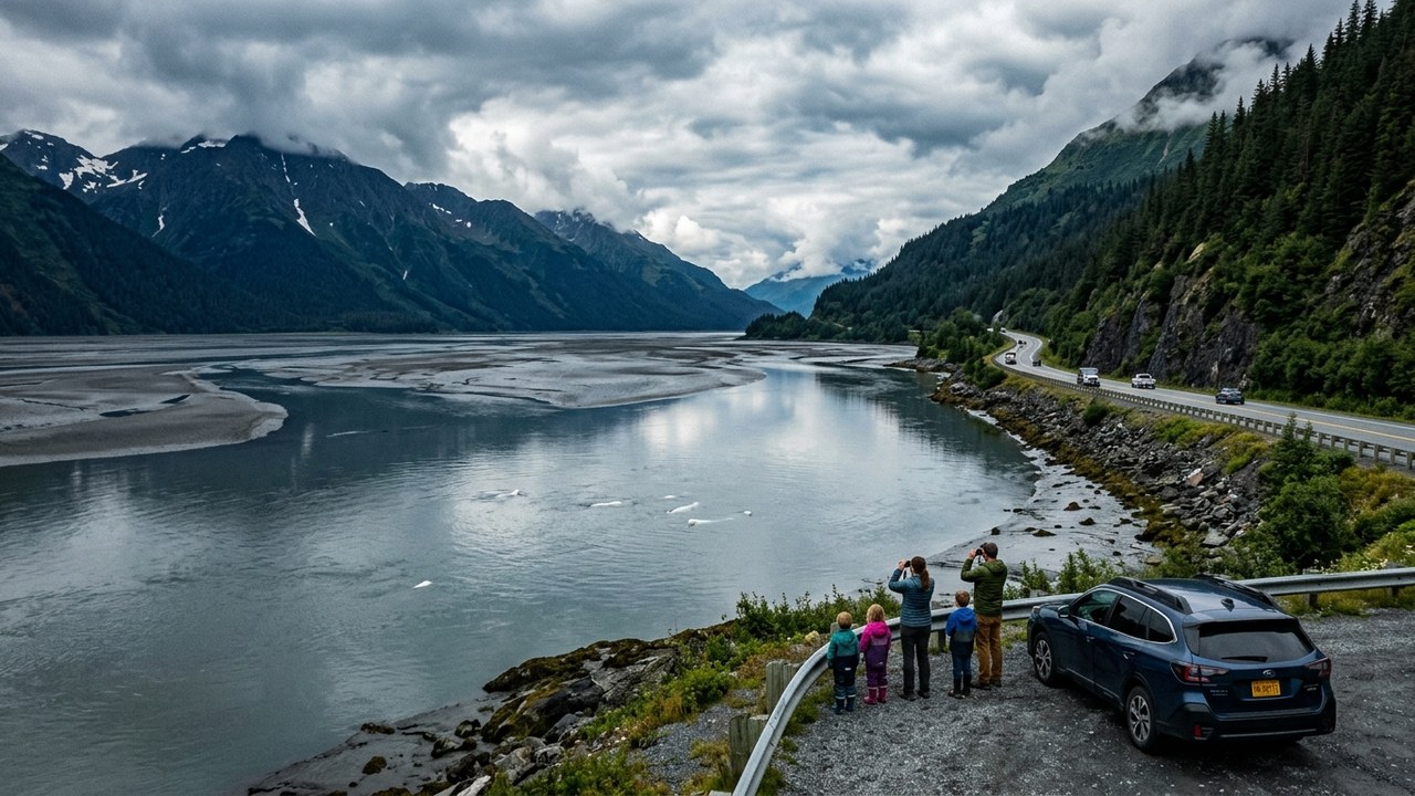 Family watching beluga whales in Turnagain Arm from Seward Highway pullout Alaska