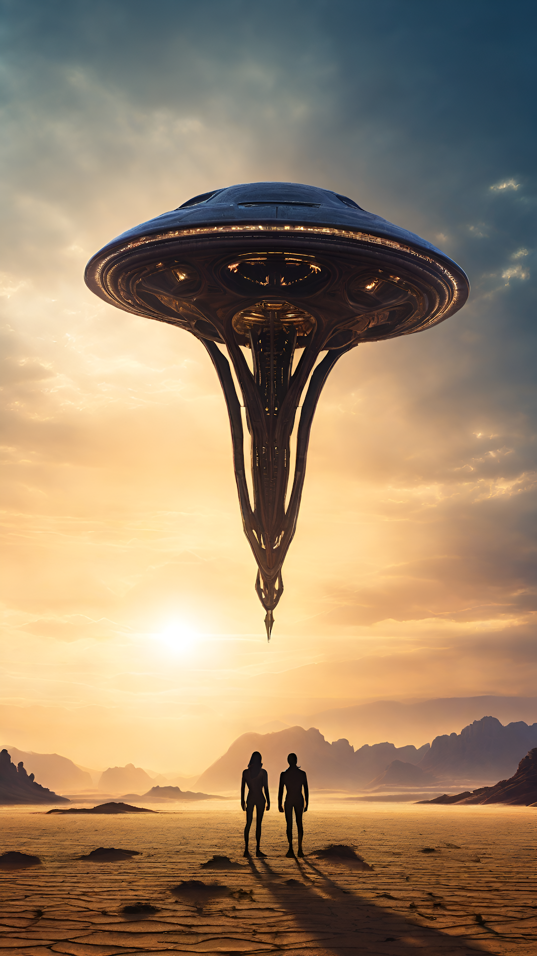 Alien Arrival Futuristic Spaceship Desert Sunset - Free 4K mobile Wallpaper