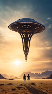 Alien Arrival Futuristic Spaceship Desert Sunset