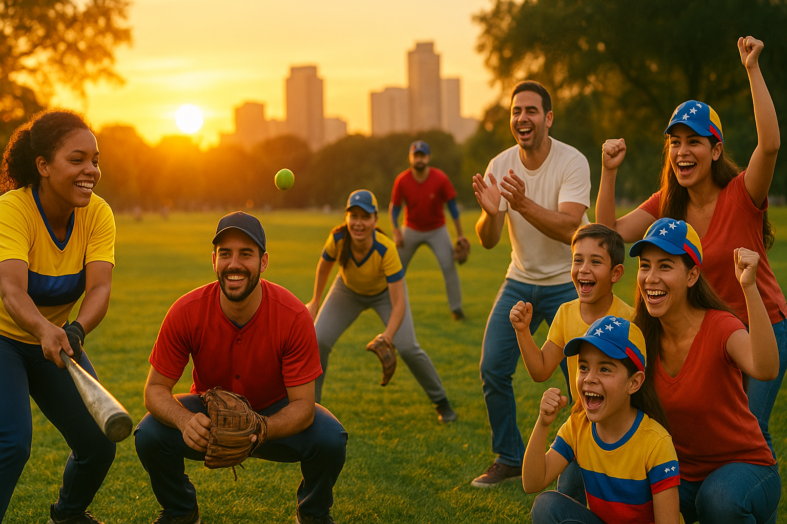 Venezolanos jugando softbol en un parque urbano con familias alentando