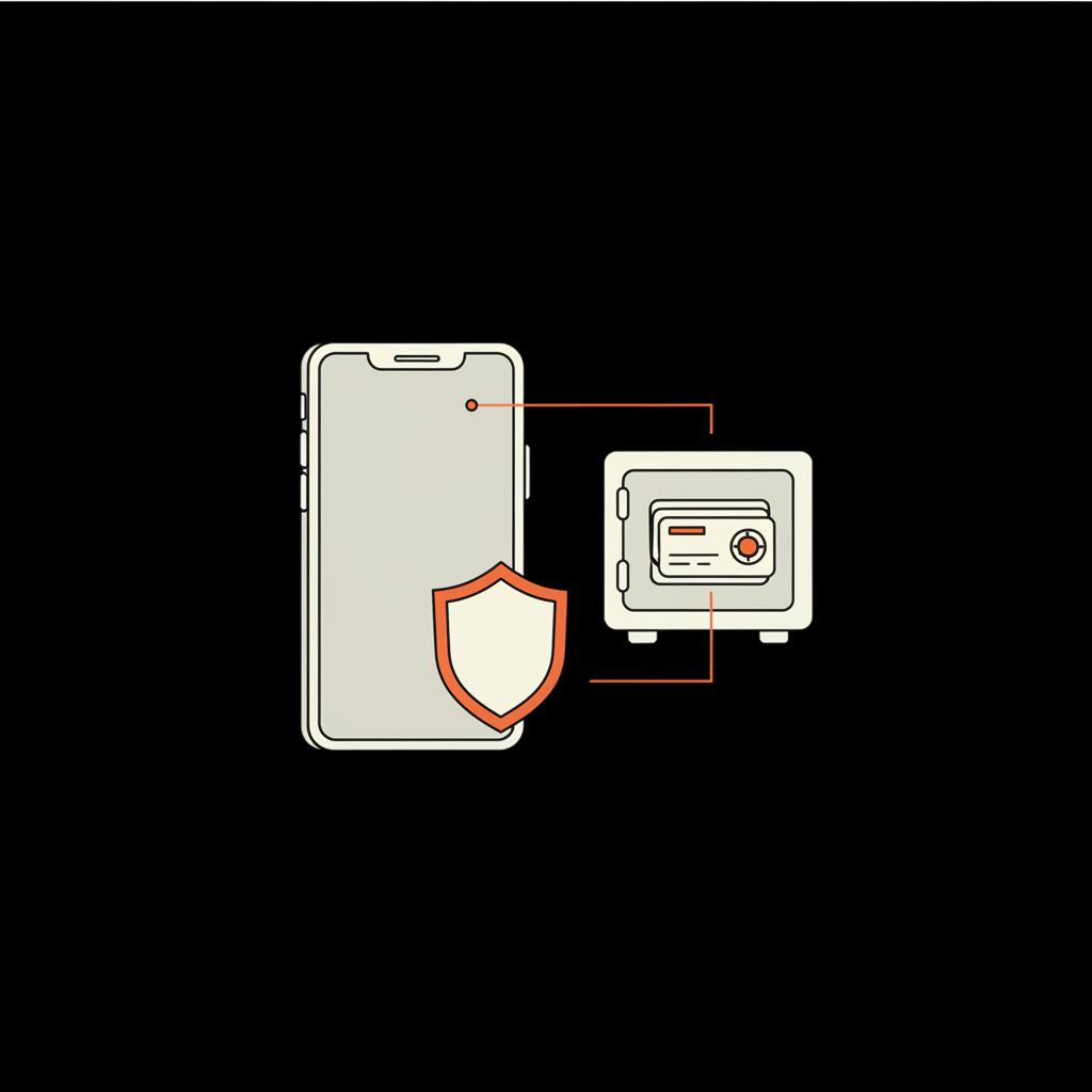 Minimal 2D vector infographic of a smartphone protected by a shield and backup codes stored in a safe on black background using brand colors, android account recovery