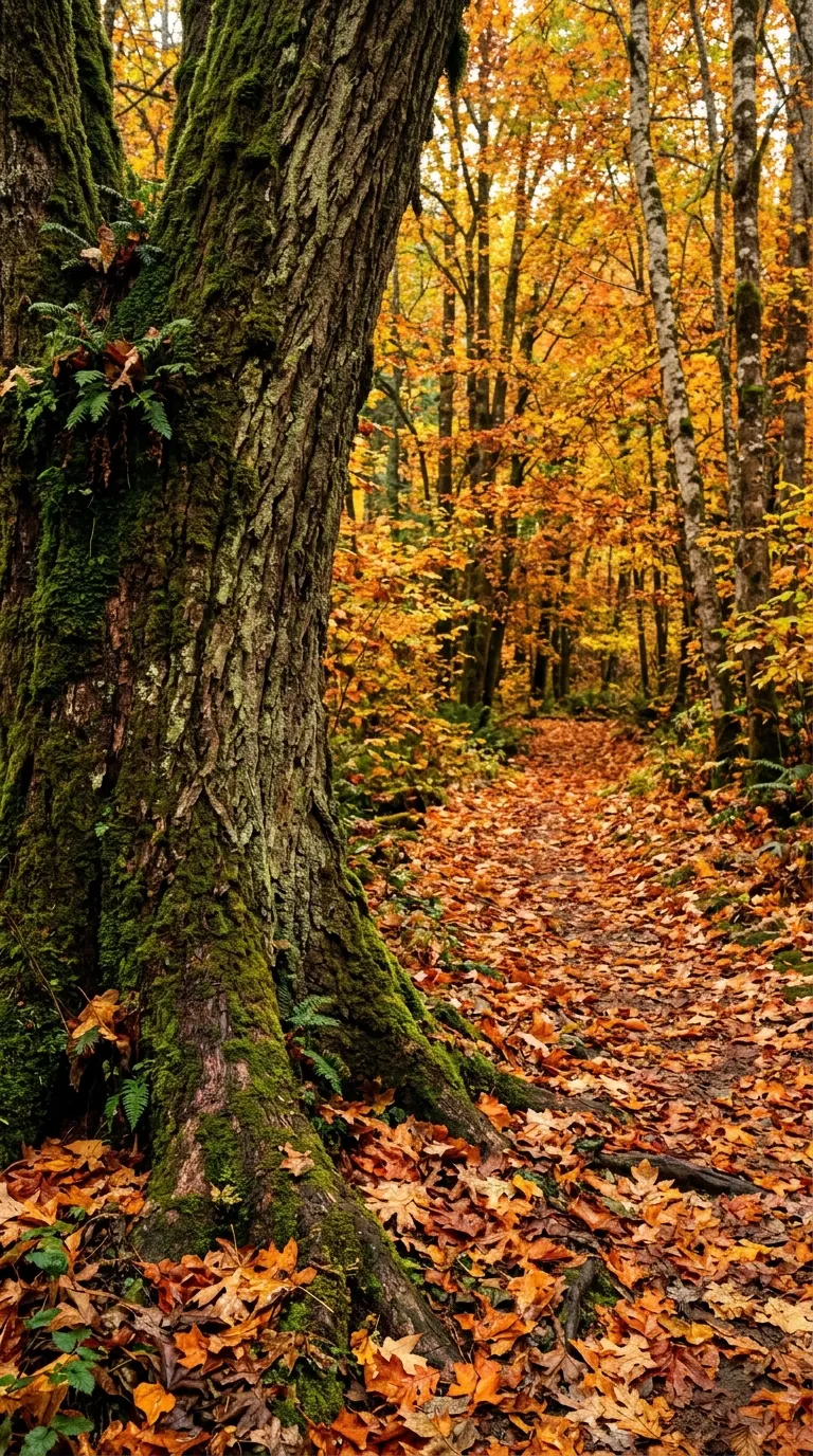 Mossy Tree Trunk Beside a Path Blanketed in Deep Orange Leaves - Free 4K mobile Wallpaper