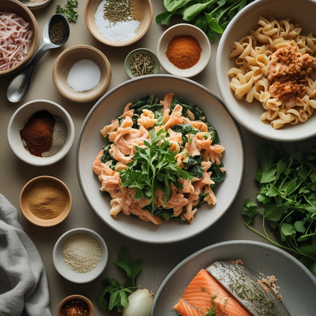 Ingredients for Creamy Salmon Pasta with Mixed Greens Under 30 Minutes – Easy Weeknight Dinner