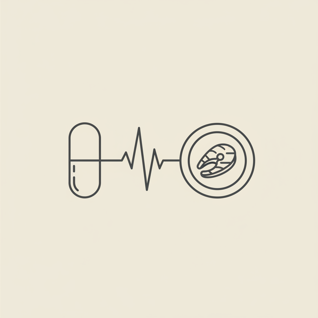 Minimalist Tonum-style vector illustration of a capsule and a small protein plate connected by a heartbeat line on a beige background, representing metabolism booster pills