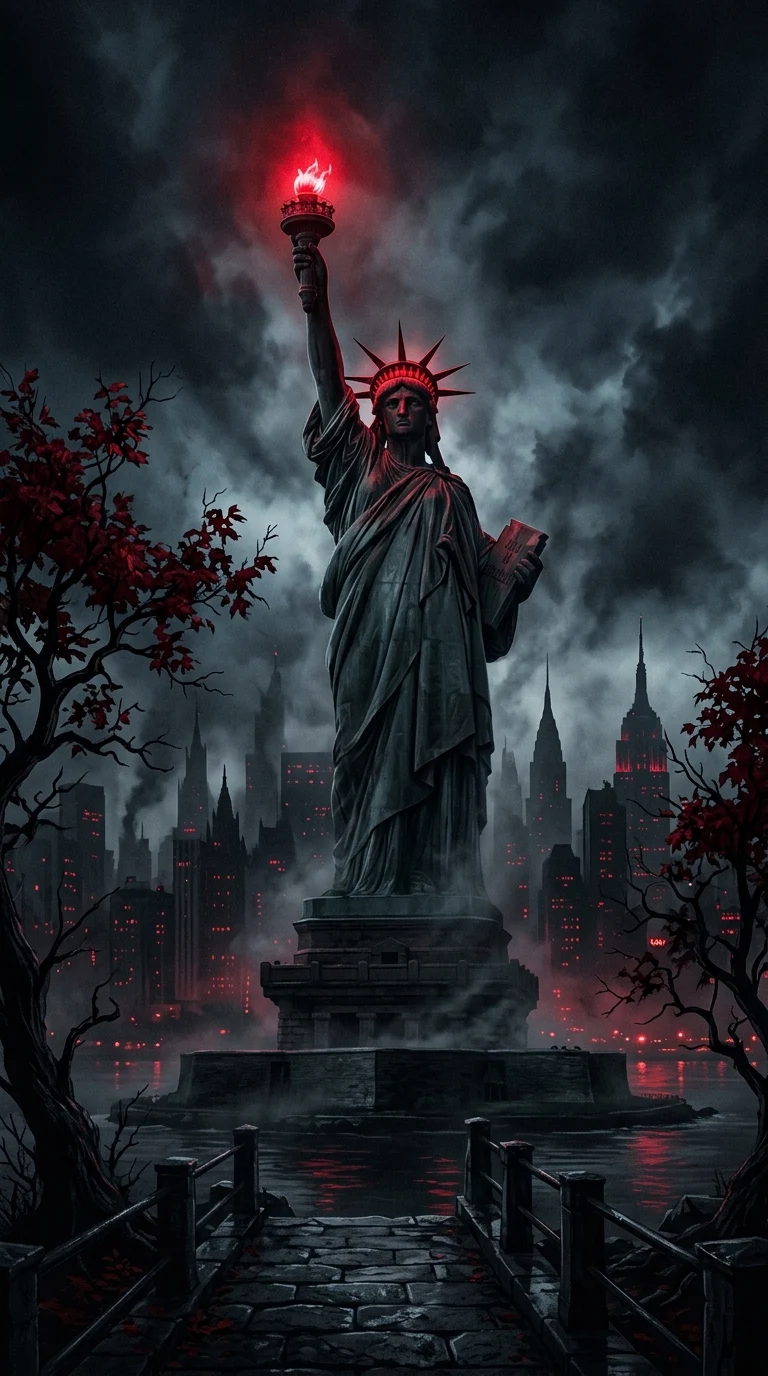 Gothic Noir Illustration of the Statue of Liberty in a Dark City - Free 4K mobile Wallpaper