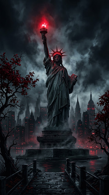 Gothic Noir Illustration of the Statue of Liberty in a Dark City - Free mobile Wallpaper
