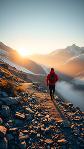 Hiker walking mountain trail at sunrise over foggy valley