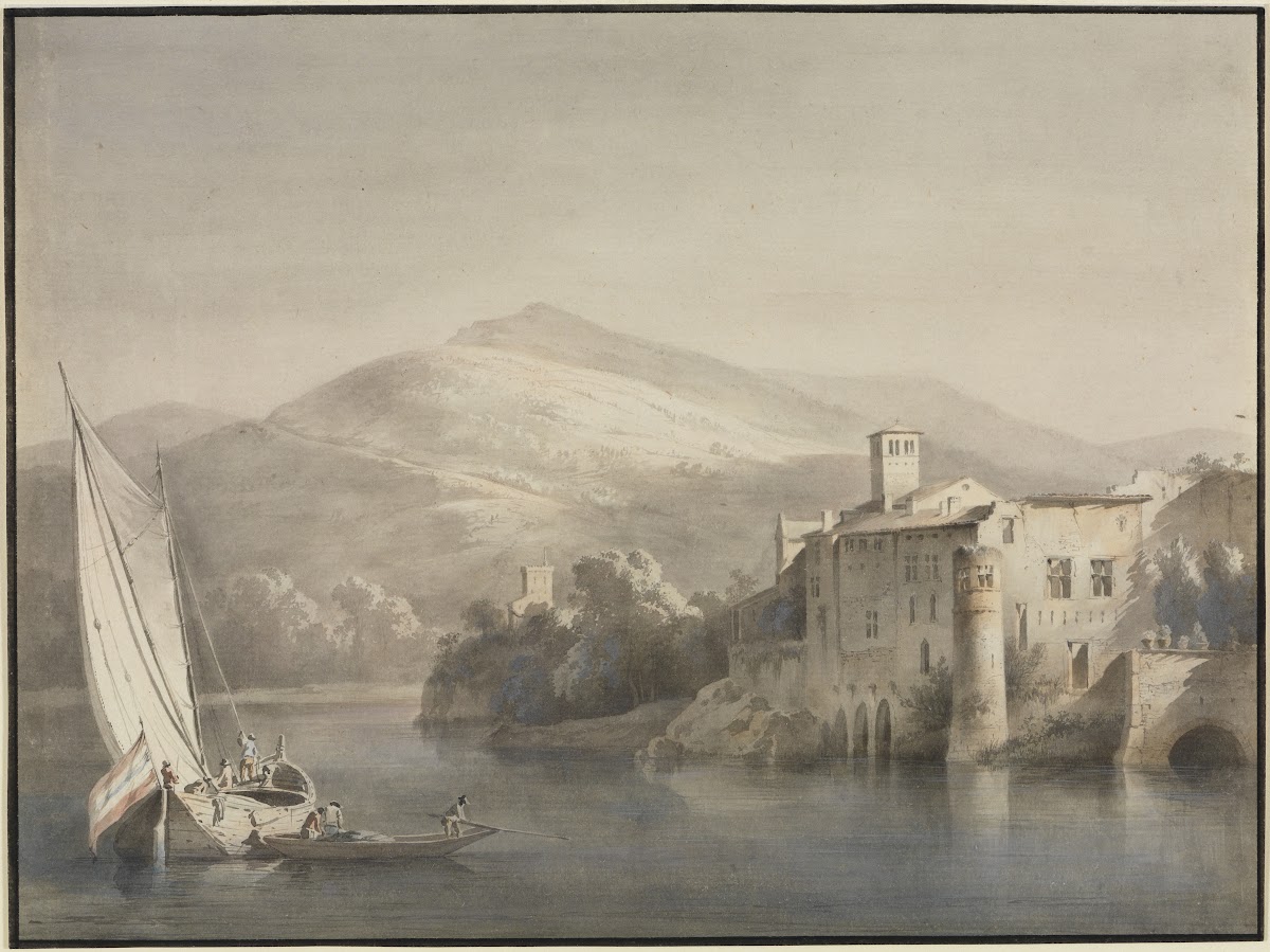 Flusslandschaft mit Segelkahn und Ruderboot 1795