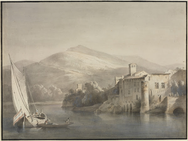Flusslandschaft mit Segelkahn und Ruderboot 1795