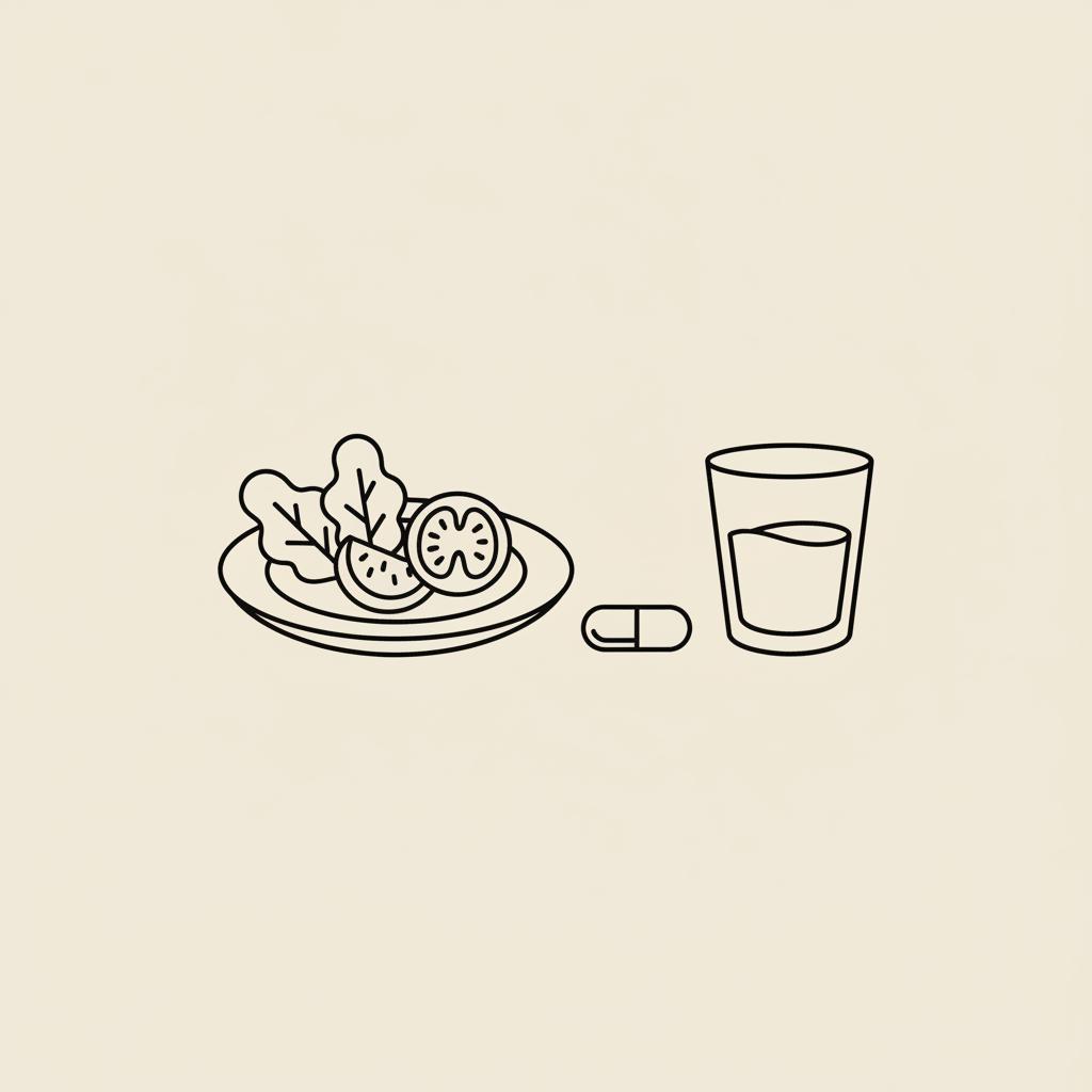 Minimalist Tonum-style line illustration of a plate of vegetables, a small capsule and a water glass on a beige background showing how to lower a1c naturally.