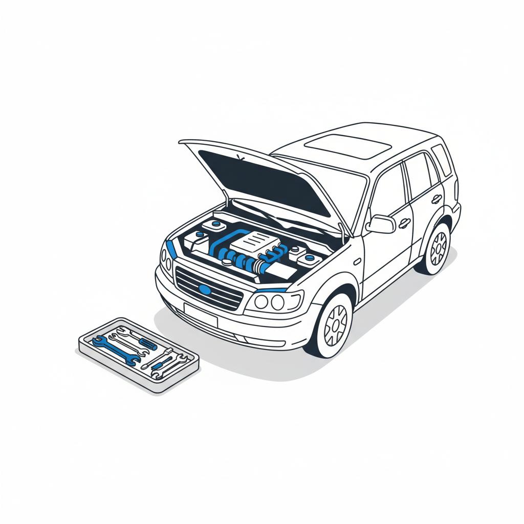 Minimalist 2D vector illustration of SUV engine bay and tool tray during pre purchase inspection no people lexus rx 350 price