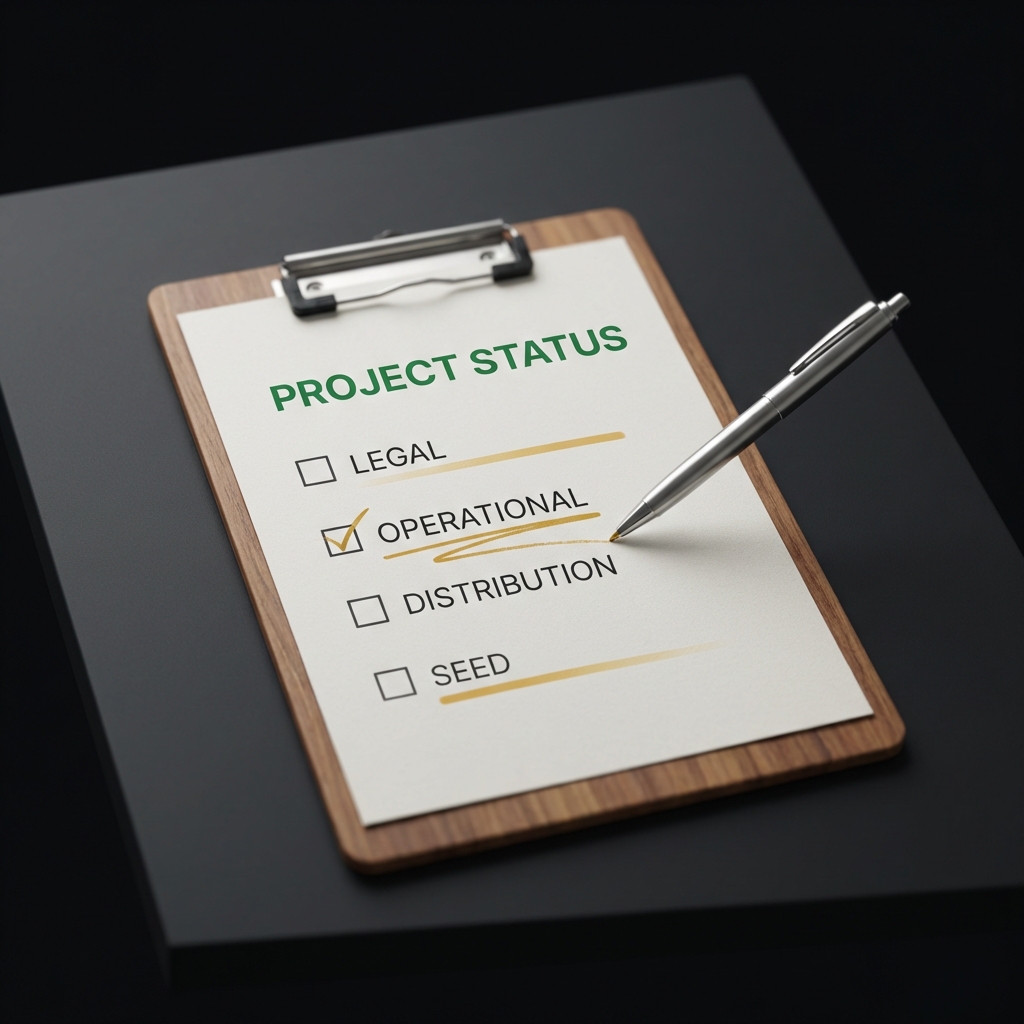 Close up checklist on clipboard listing legal operational distribution and seed items with a pen indicating in progress how to start a mutual fund