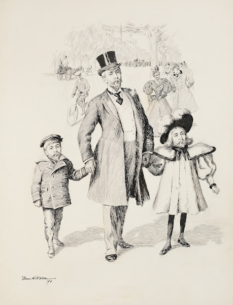 A man walks in a crowded park with his young son and daughter only both children