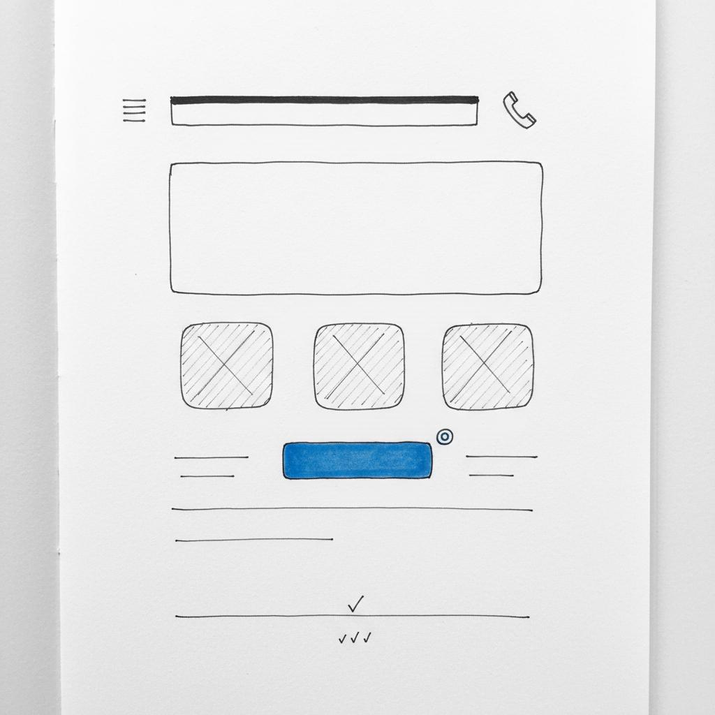 Close-up minimalist website homepage sketch on white textured paper showing headline placeholder, phone icon, team photo placeholders and a prominent button; How much does HomeAdvisor cost?