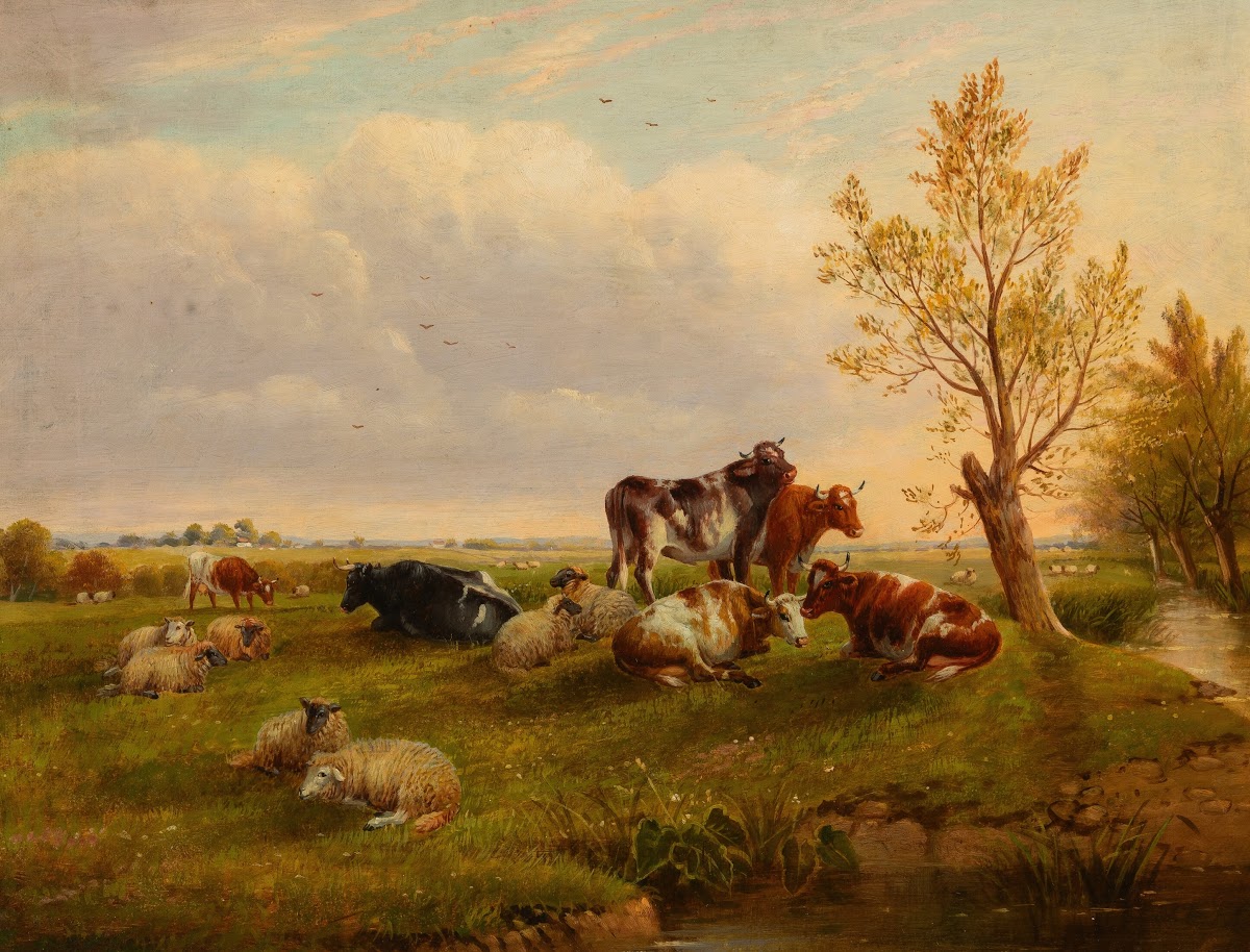 Cows and sheep resting beside a stream 1879