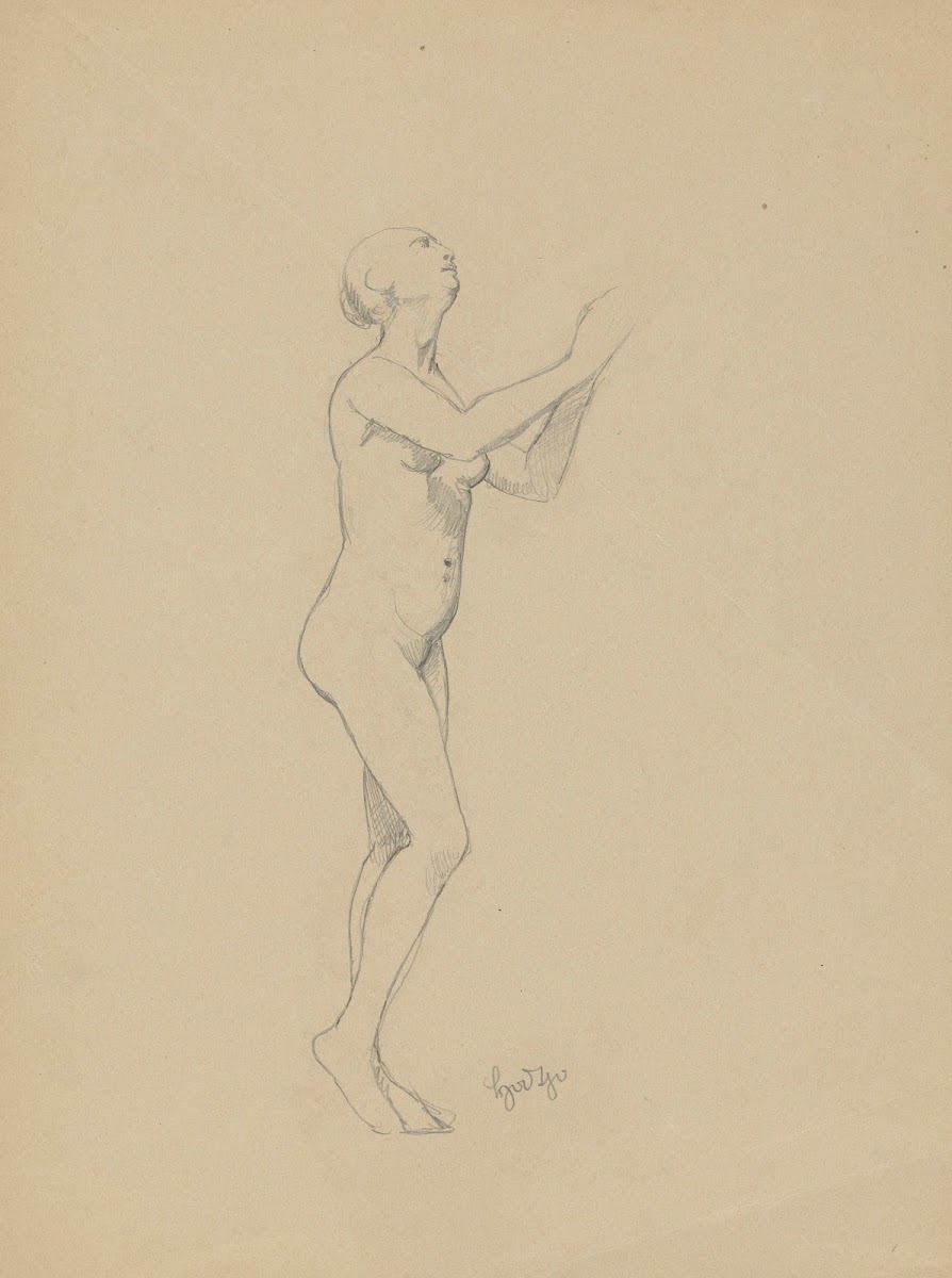 Nude of a Standing Woman Arms Raised in a Gesture of Prayer
