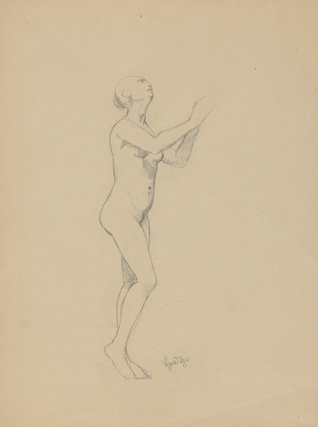 Nude of a Standing Woman Arms Raised in a Gesture of Prayer