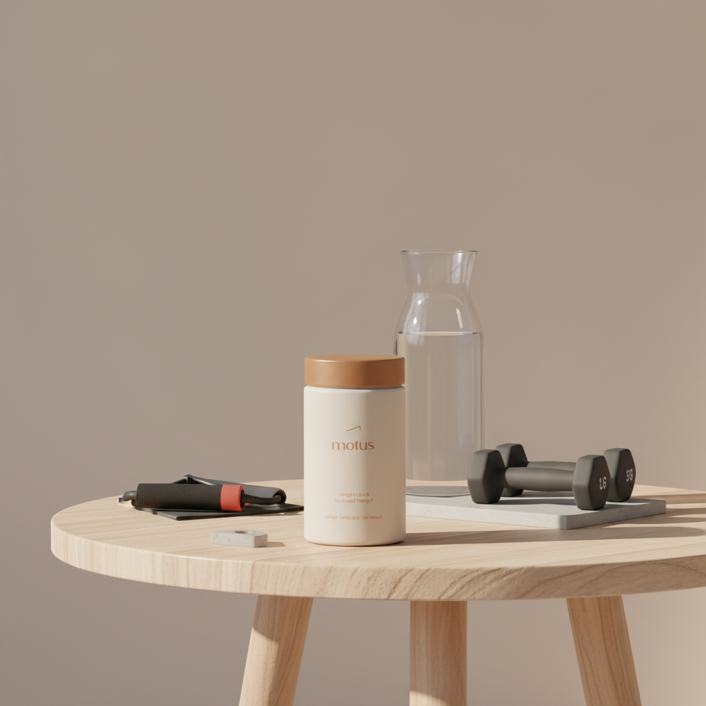 Minimal still-life of Tonum Motus jar with carafe, dumbbells and resistance band on a clean table illustrating what are signs of a good metabolism? Clean, clinical wellness scene.