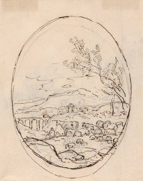 Cattle in a field with mountains and bridge in background