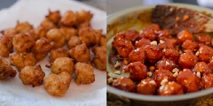 Bắc chảo ngập dầu lên bếp, khi dầu nóng đều thì cho từng viên gà vào chiên vàng. Gà chín thì vớt ra để ráo trên giấy thấm dầu sau đó cho vào chảo đựng hỗn hợp sốt và trộn đều, có thể rắc thêm đậu phộng rang nếu muốn.