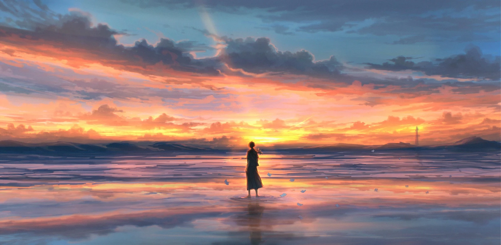 Anime Girl at Sunset Beach - Anime Digital Art 4K Wallpaper (4500x2200)