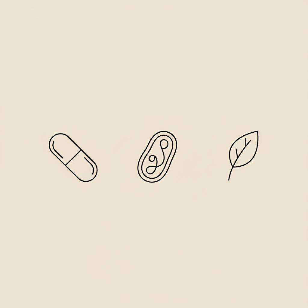 Minimal Tonum-style line illustration of a capsule beside a stylized mitochondrion and small leaf representing L-carnitine fat oxidation