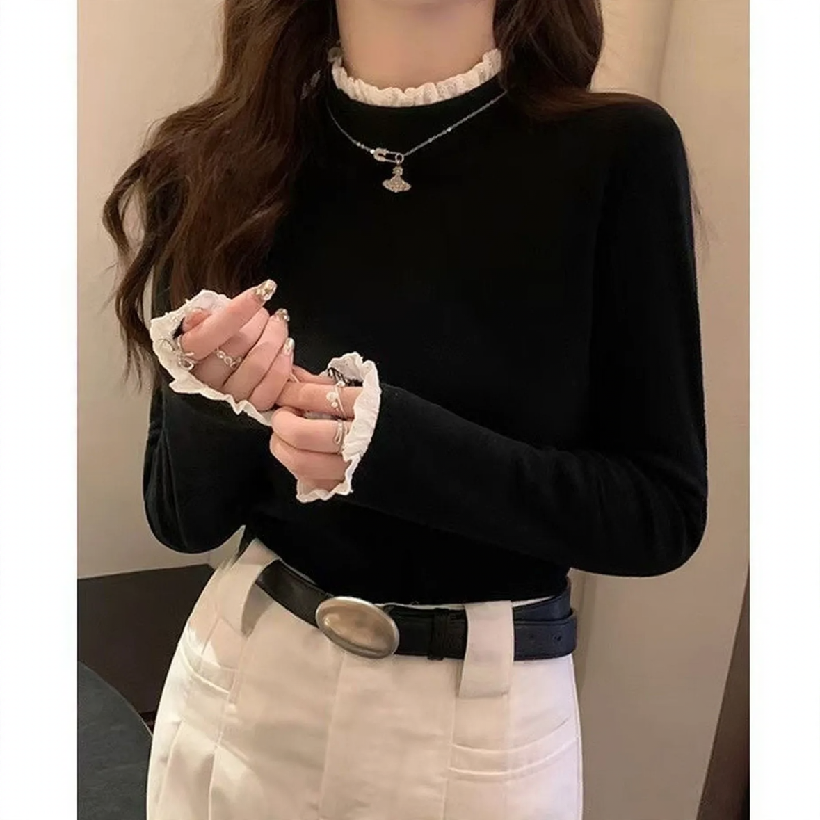 Women's base layer shirt with lace trim and stand-up collar