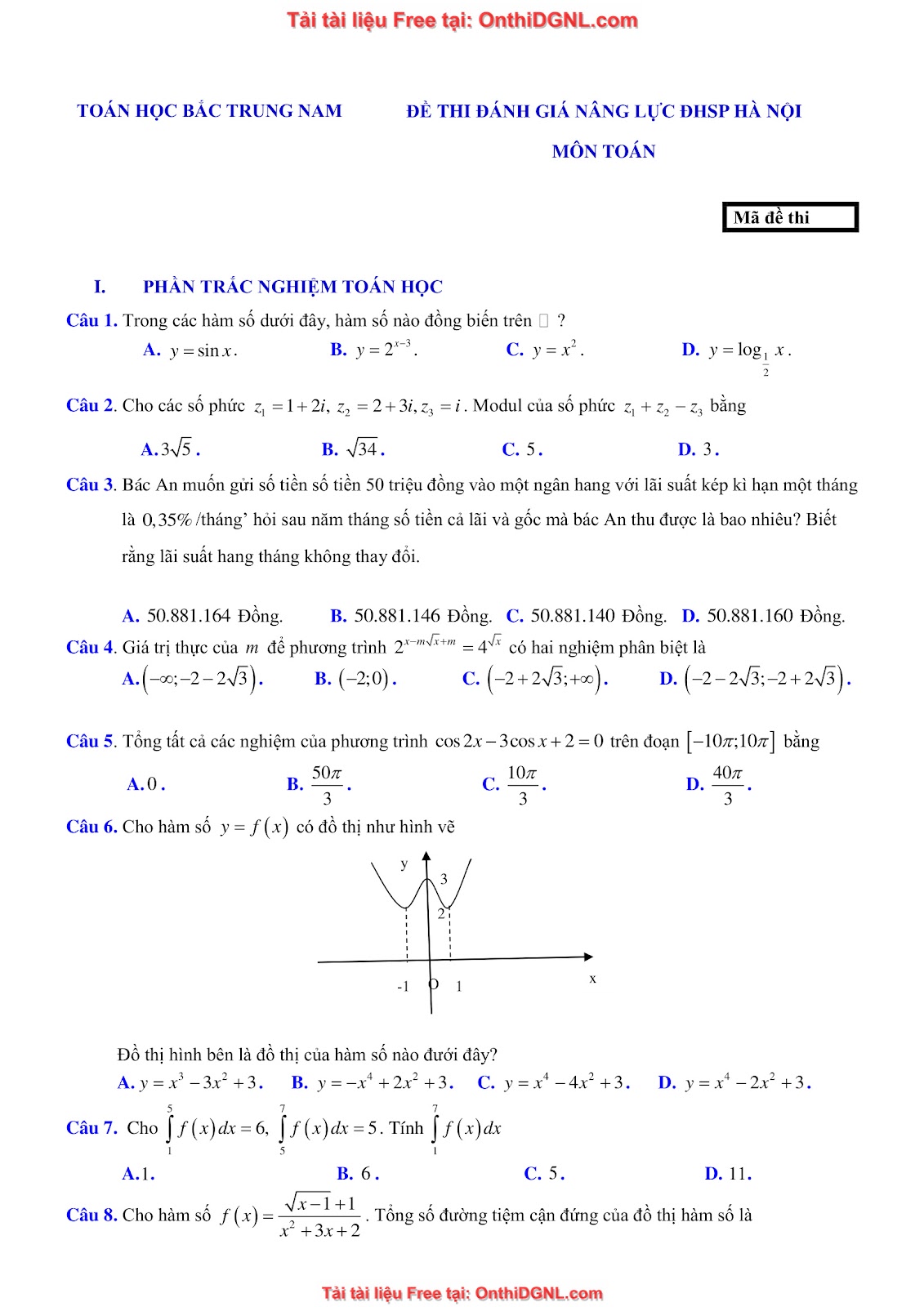 16 Đề ôn DGNL Sư Phạm HN môn toán - có đáp án