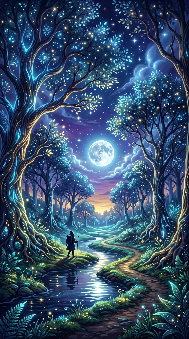 Mystical Twilight Forest with Glowing Blue Gold Trees and Traveler - Free 8K and 4K mobile Wallpaper Background
