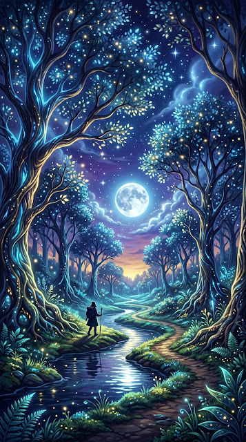 Mystical Twilight Forest with Glowing Blue Gold Trees and Traveler - Free mobile Wallpaper