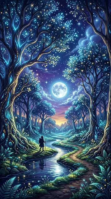 Mystical Twilight Forest with Glowing Blue Gold Trees and Traveler