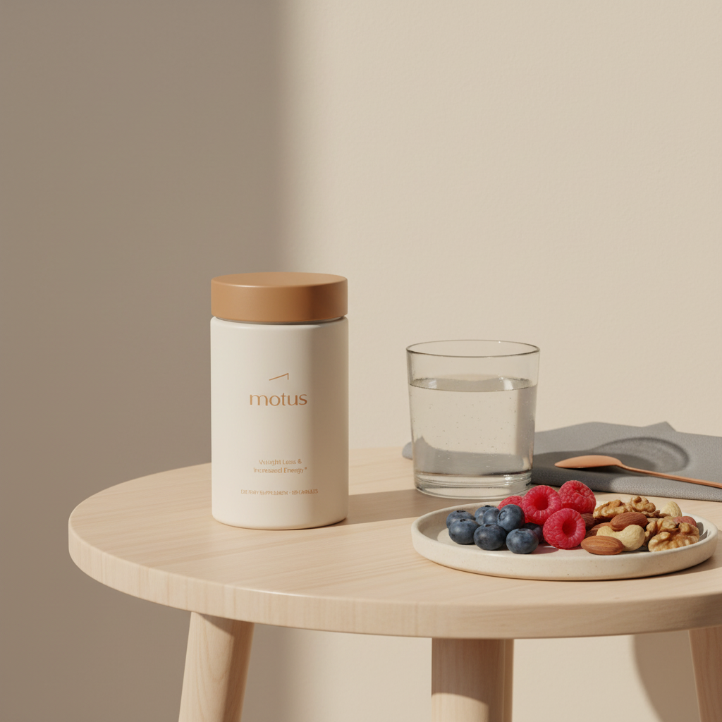 Minimalist product photo of the Motus supplement jar on a round wooden table with a glass of water and plate of berries and nuts in Tonum palette — is Ozempic bad for you