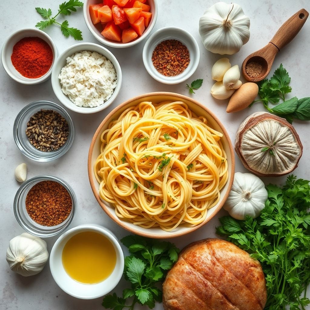 Ingredients for Easy One Pot Creamy Garlic Pasta Recipe for Dinner – Ready in 40 Minutes
