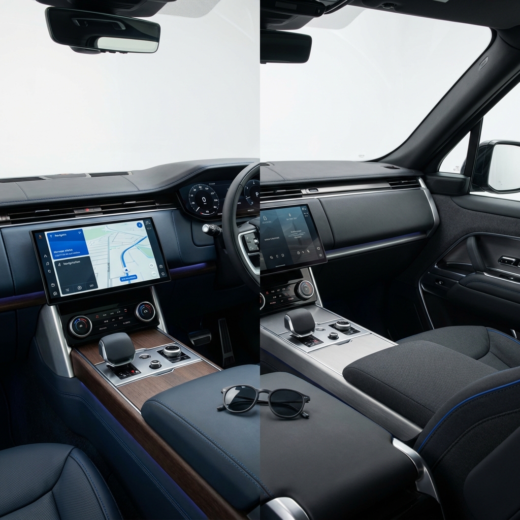 Interior dashboard and infotainment of range rovers for sale showing trim level differences and condition on a clean white background