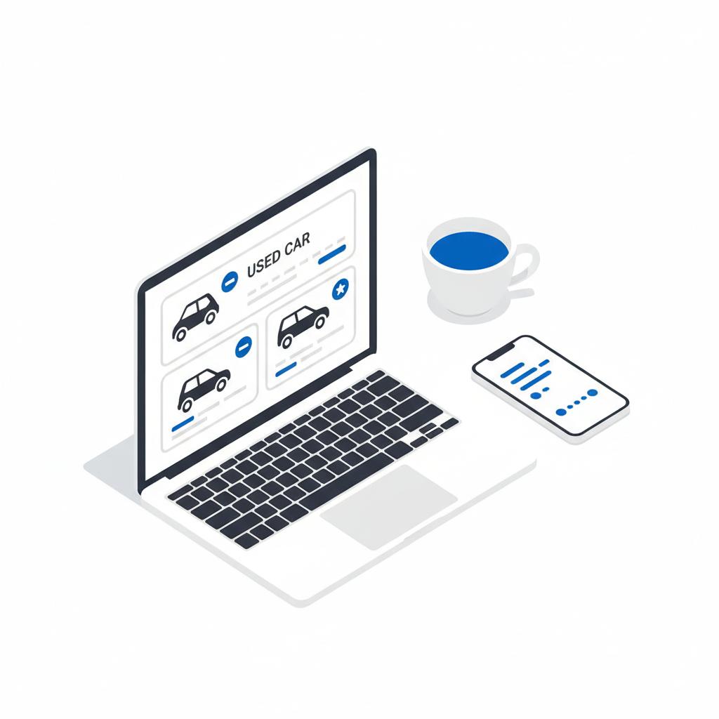 Minimalist 2D vector desktop scene with laptop showing a used car listing card smartphone with negotiation cues and coffee cup clean layout what not to tell a used car dealer