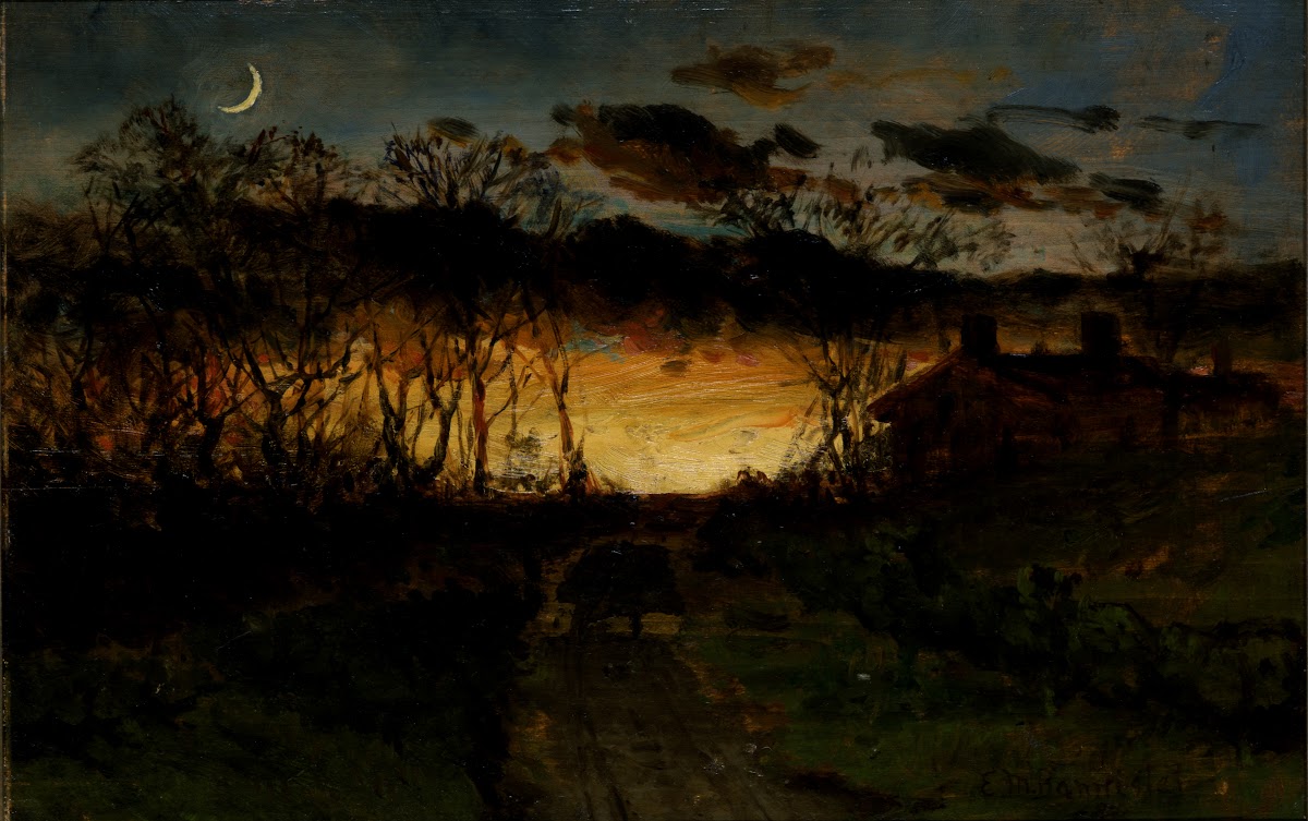 Untitled sunset with quarter moon and farmhouse 1883