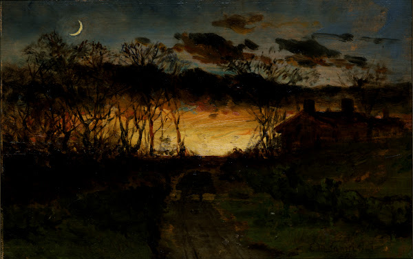 Untitled sunset with quarter moon and farmhouse 1883