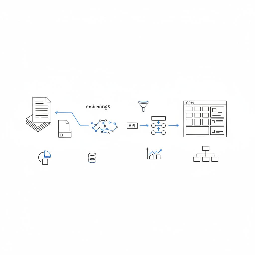 Notebook-style vector diagram showing data grounding with documents, embeddings and API flow into a CRM for ChatGPT lead generation, white background and blue accents.