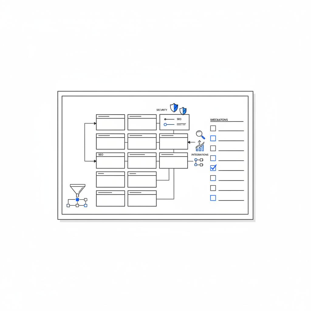 Flat 2D vector overhead of a printed sitemap and checklist for an accounting firm with security, SEO and integrations icons on a white background &mdash; best website builder for accountants