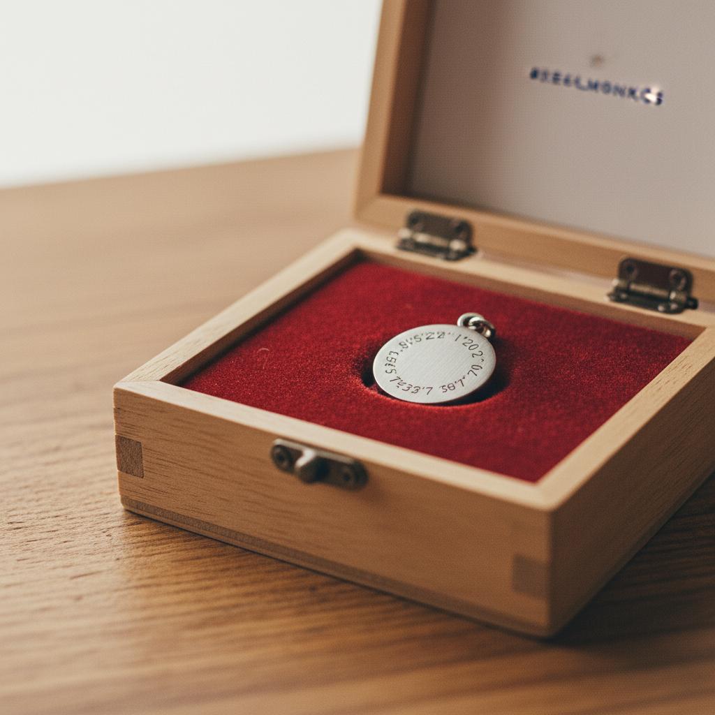 Nahaufnahme eines offenen Geschenkbehälters mit Metallanhänger (eingravierte Koordinaten) und rubinrotem Stoffeinsatz auf Holz – Geschenkideen zum 40. Hochzeitstag