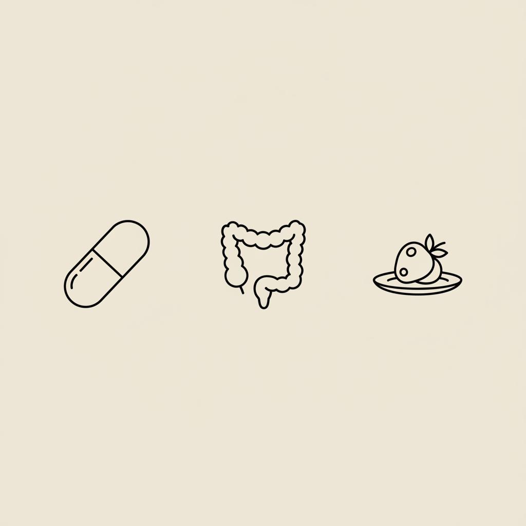 Minimalist vector line drawing of a capsule, stylized gut icon and small plate with a berry on a beige background — what to take for gut health to lose weight