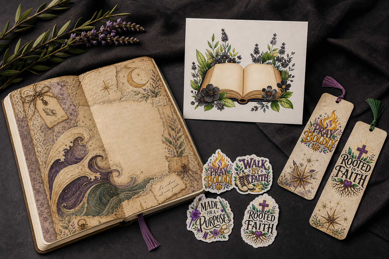 Prayer journal, greeting card, bookmarks and faith stickers arranged on a dark table